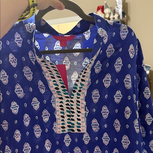 Lilly Pulitzer Silk Blend Blue/White/Pink engineered lightweight Blouse XL NEW - Picture 9 of 10